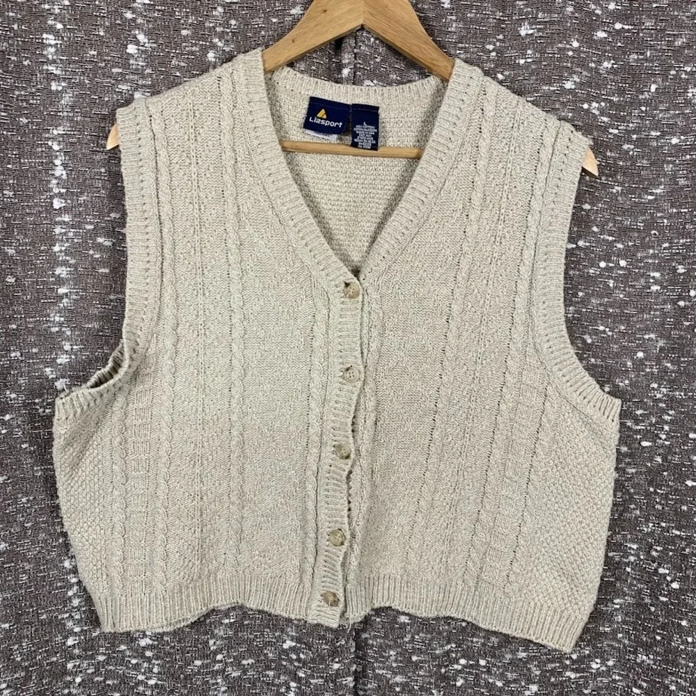 Vintage Liz Wear Womens Vest Large Beige Sweater Cable Knit Buttons Academia USA